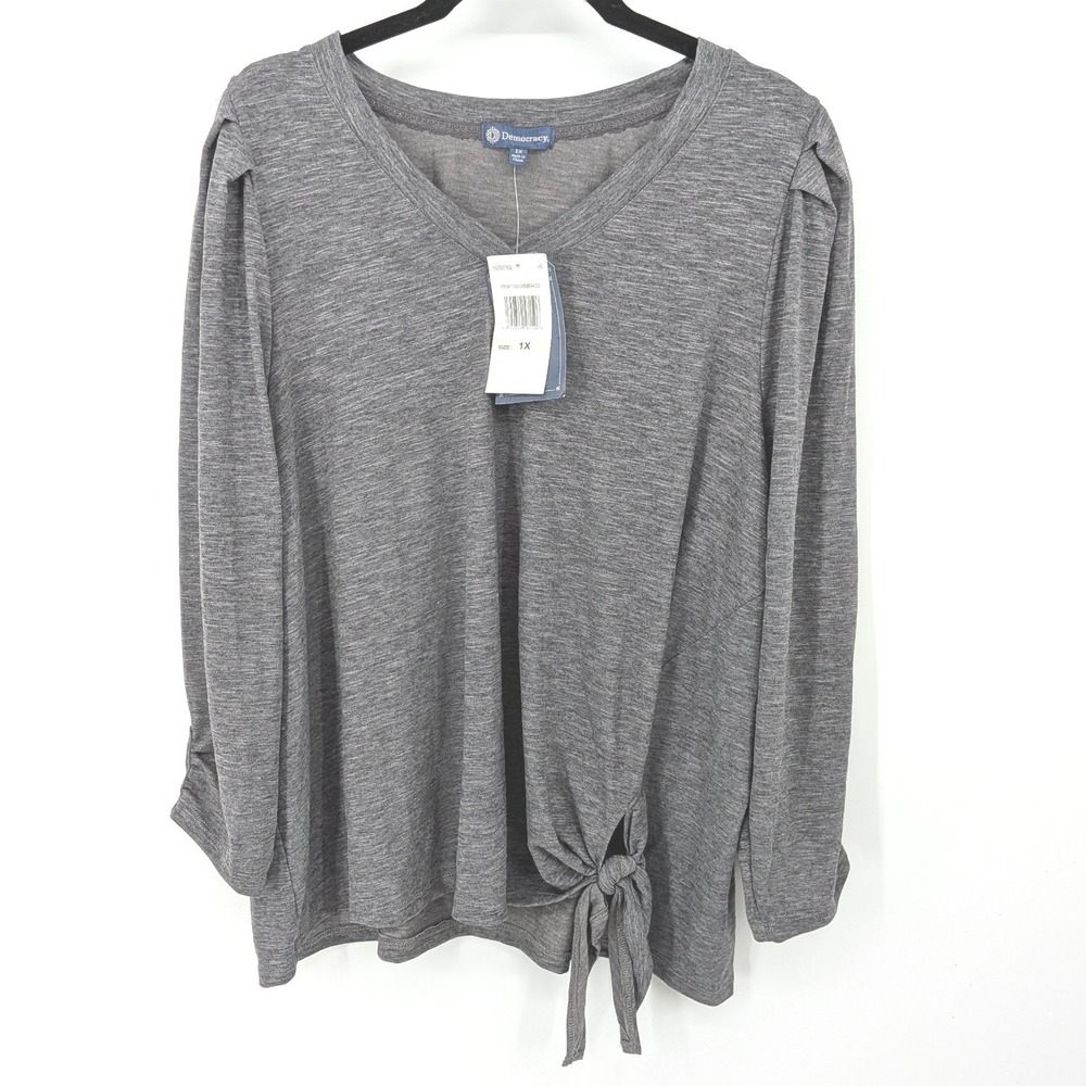 Democracy Top Women 1X Gray V-Neck Side Tie Long Sleeve Knit Casual Basic Soft